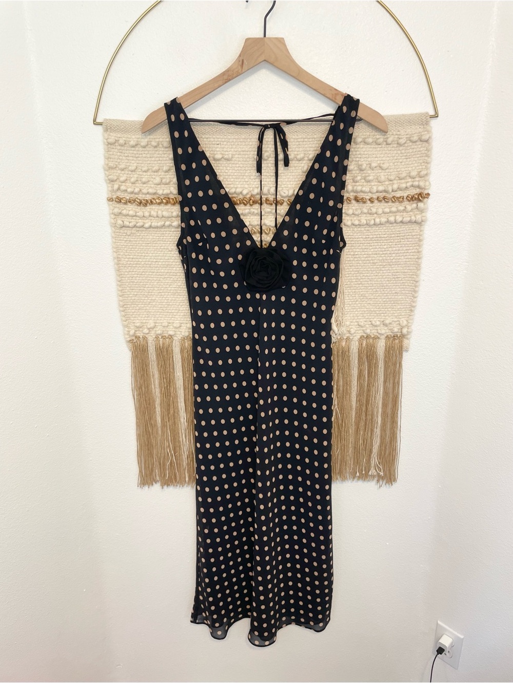 Majorelle Revolve Kelly Black & Tan Polka Dot V-Neck MIDI Dress with Rosette M